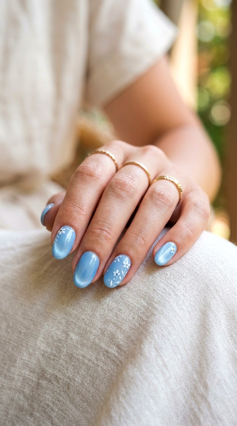 Baby Blue Cat Eye with Minimal White Flowers - 22 Summer Glossy Floral Cat Eye Nails Ideas