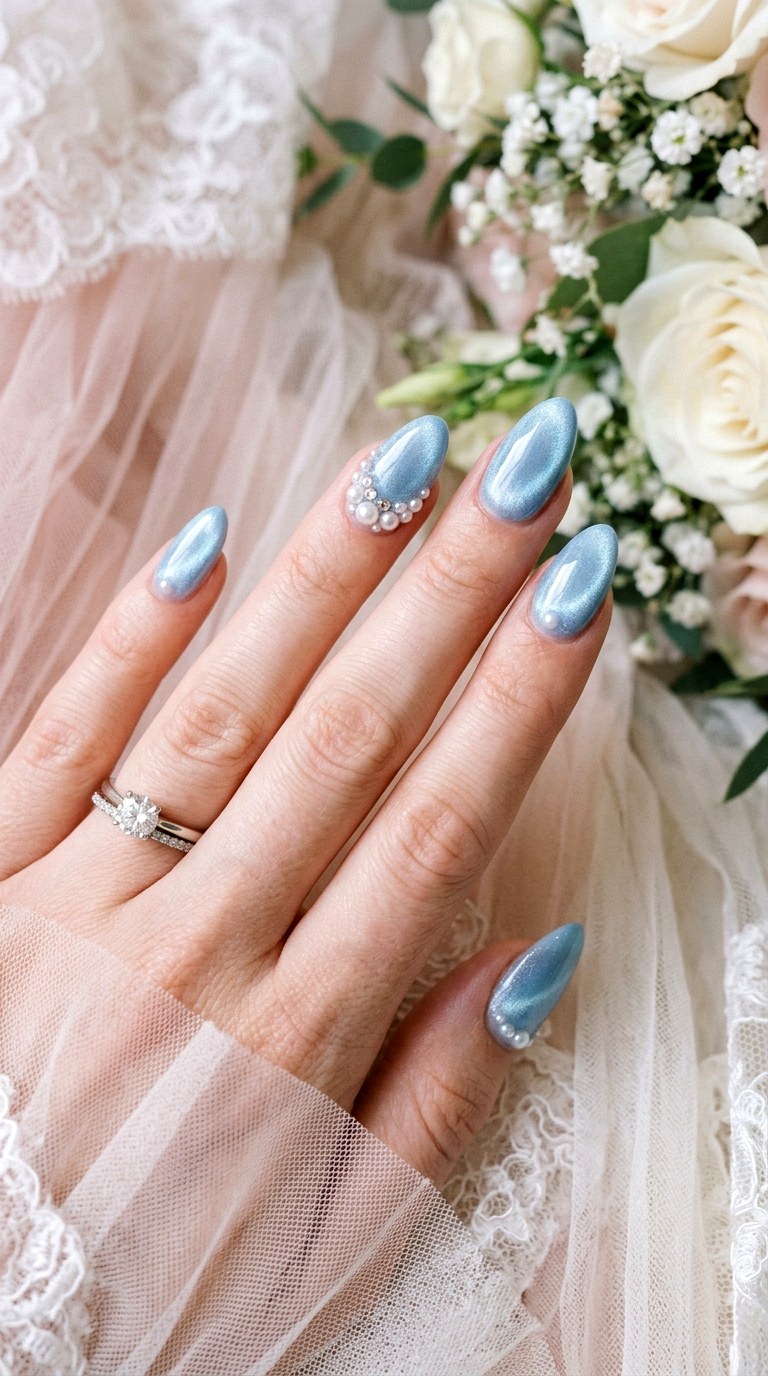 Baby Blue Cat Eye with Pearl Accents - 20 Spring Baby Blue Cat Eye Nails Ideas
