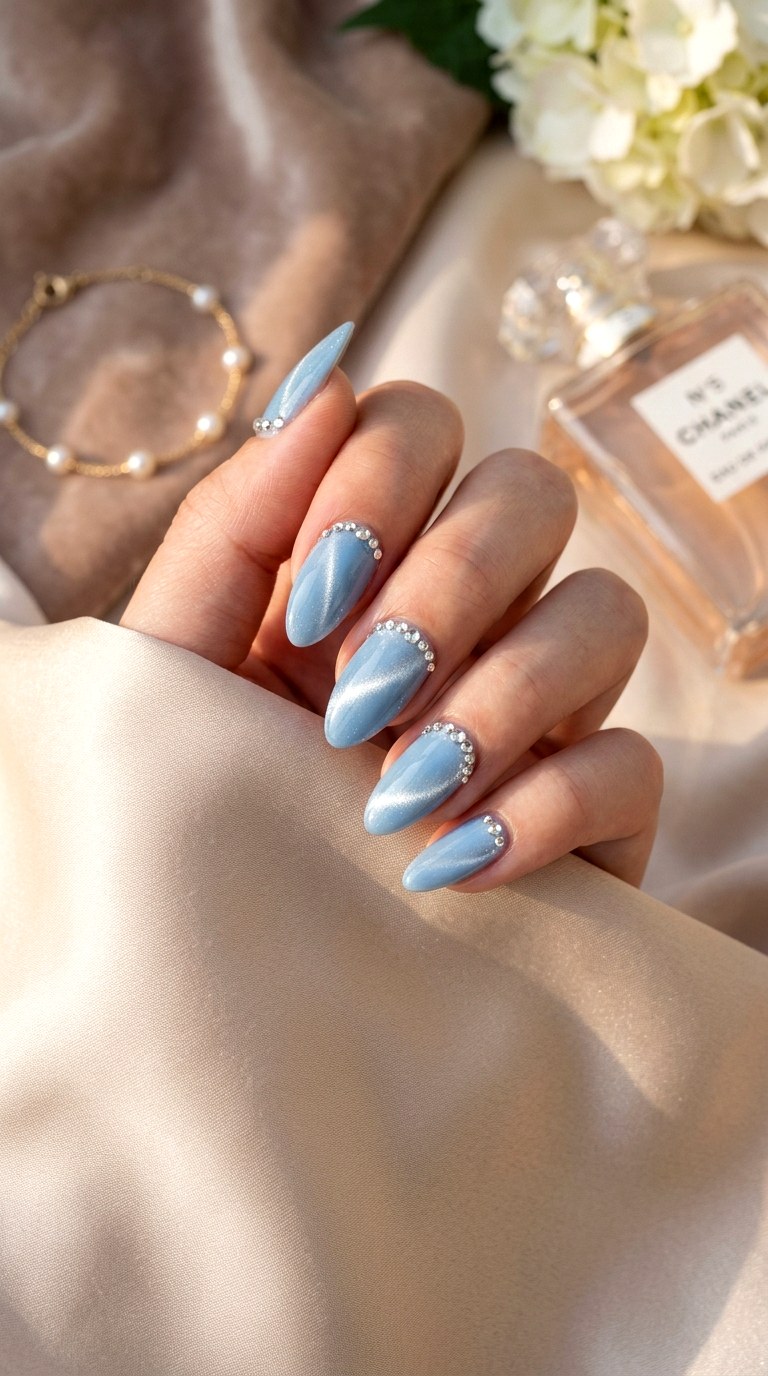 Baby Blue Cat Eye with Rhinestone Accents - 20 Summer Baby Blue Cat Eye Nails Ideas