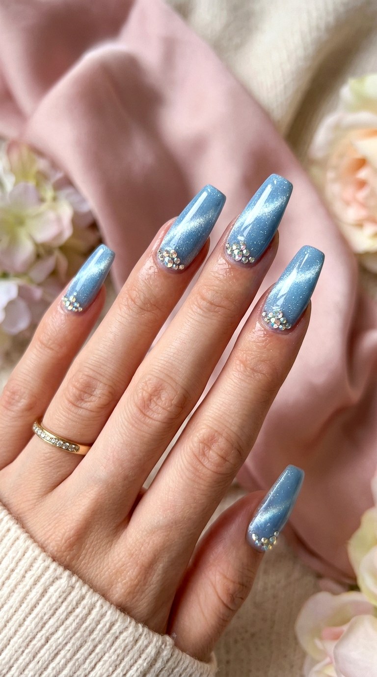Baby Blue Cat Eye with Rhinestones - 20 Spring Baby Blue Cat Eye Nails Ideas