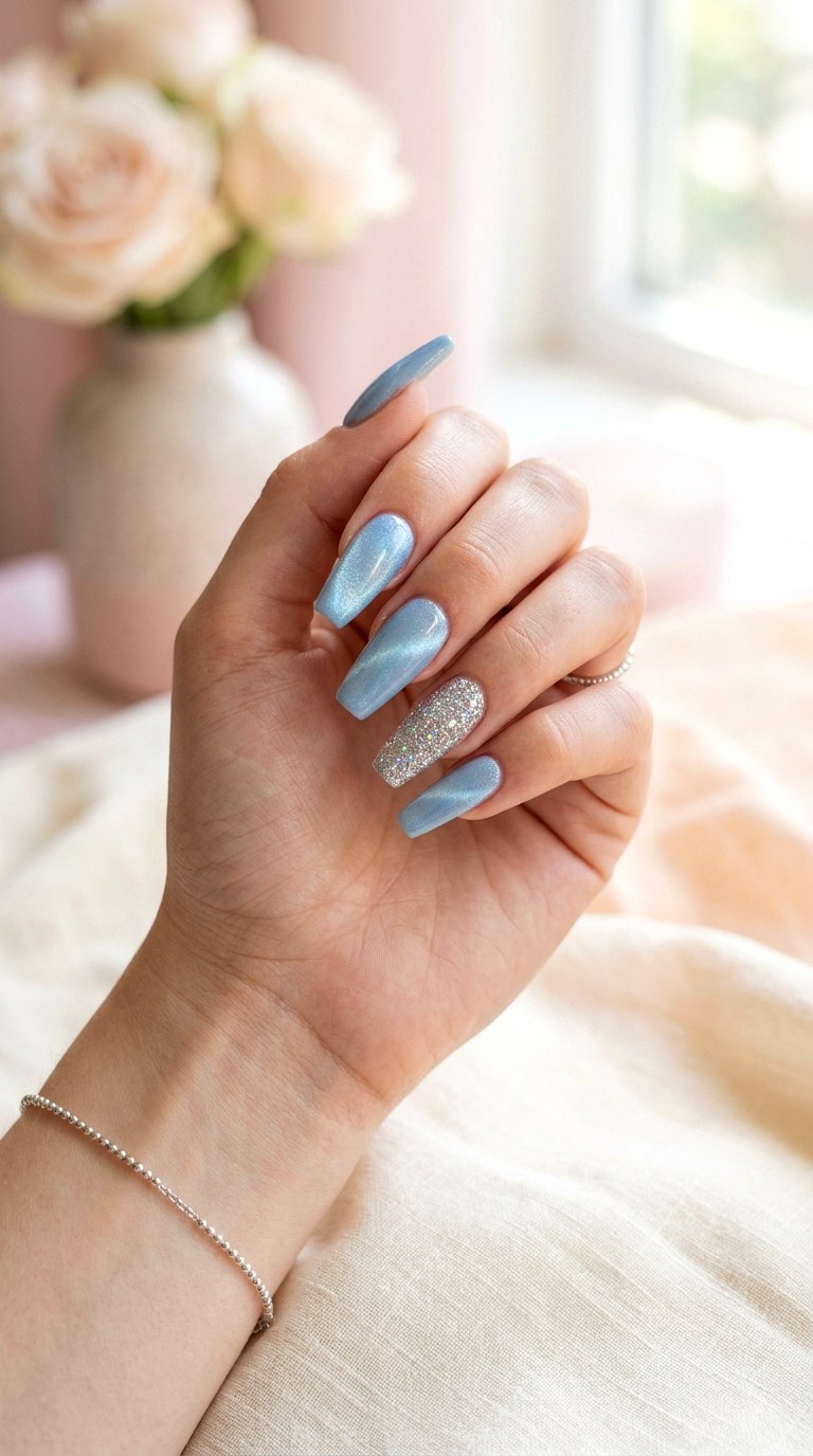 Baby Blue Cat Eye with Silver Glitter Accent - 20 Summer Baby Blue Cat Eye Nails Ideas
