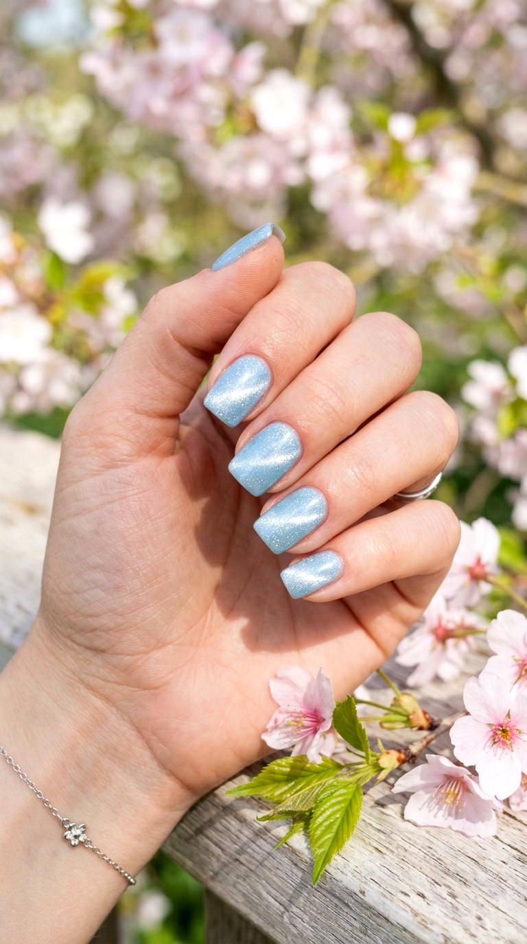 Baby Blue Cat Eye with Silver Shimmer - 20 Spring Baby Blue Cat Eye Nails Ideas