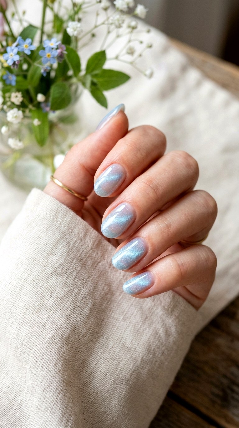Baby Blue Cat Eye with Transparent Base - 20 Spring Baby Blue Cat Eye Nails Ideas