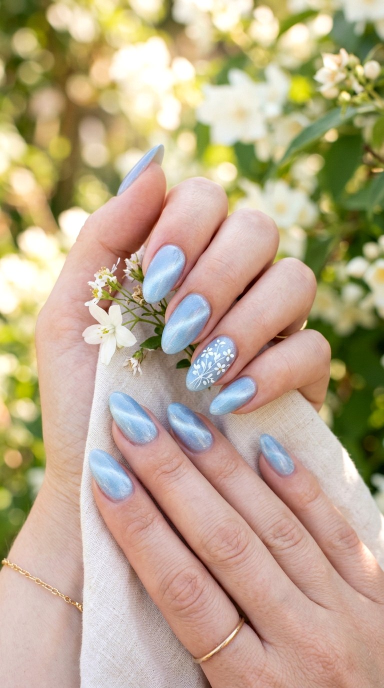 Baby Blue Cat Eye with White Floral Art - 20 Summer Baby Blue Cat Eye Nails Ideas