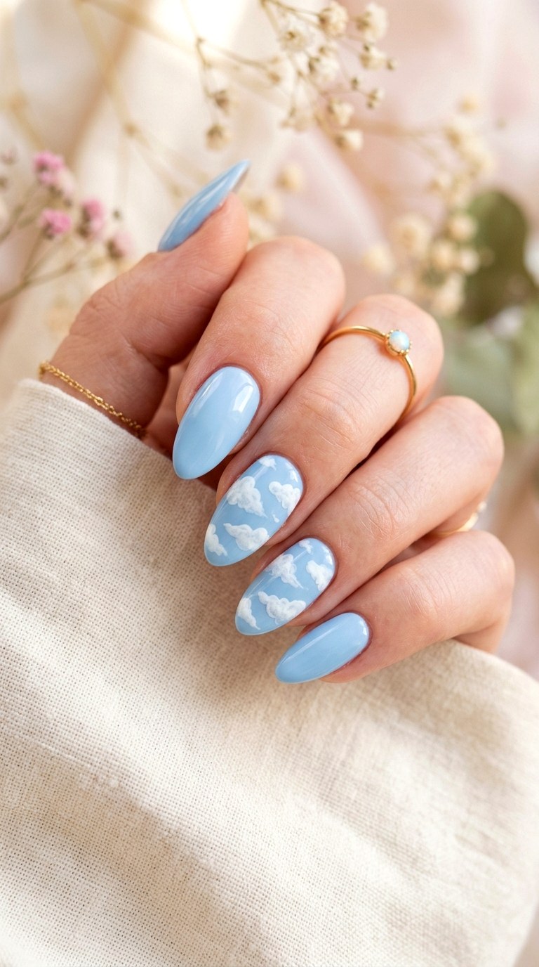 Baby Blue Cloud Nails - 25 Soft Pastel Spring Nail Designs That Feel Like Sunshine