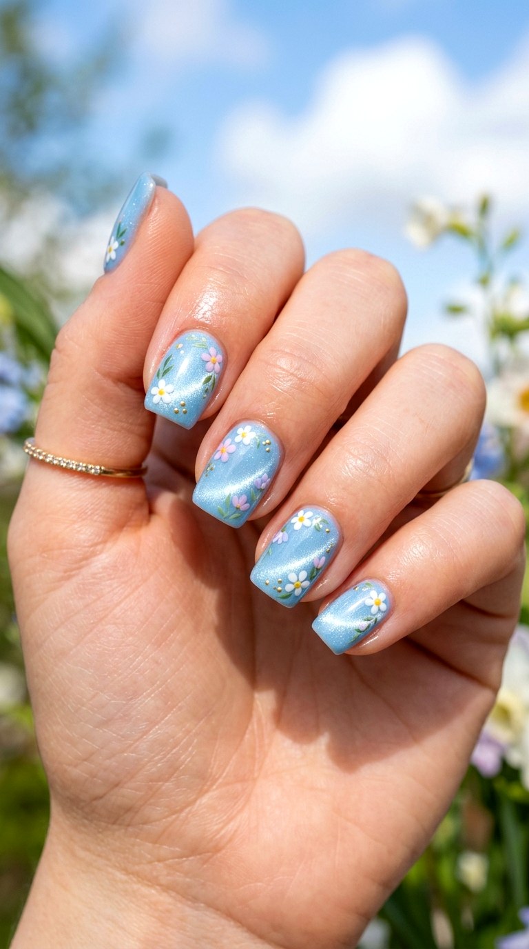 Baby Blue Floral Cat Eye Nails - 20 Spring Floral Cat Eye Nails Ideas