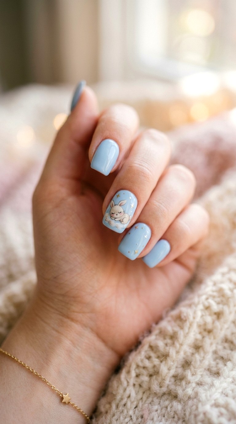 Baby Blue Sleeping Bunny Nails - 26 Summer Pastel Bunny Cartoon Nail Ideas