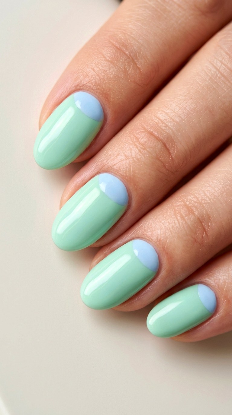 Baby Blue and Mint Green Half Moons - 22 Minimalist Spring Two Colored Nails
