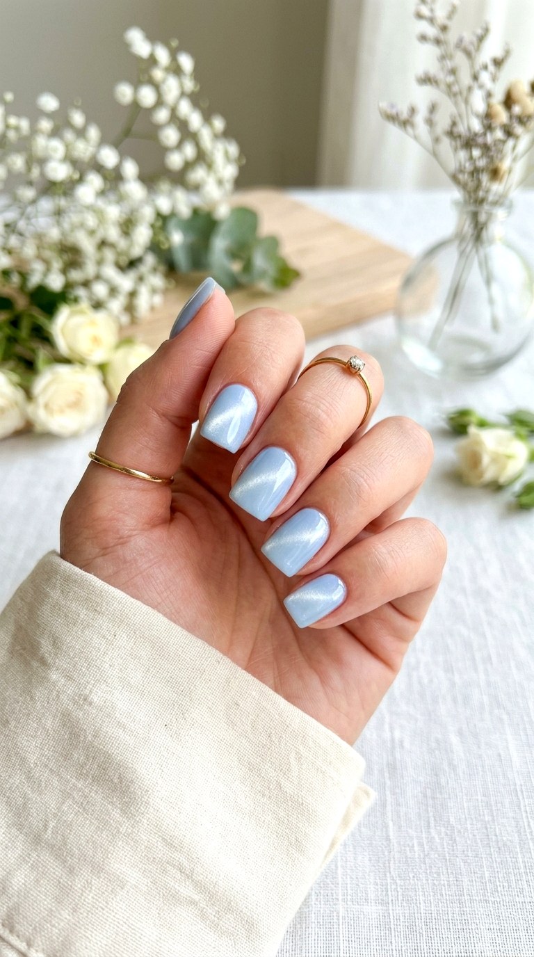 Baby Blue and White Pearl - 26 Summer Dual-Tone Magnetic Cat Eye Nails Ideas