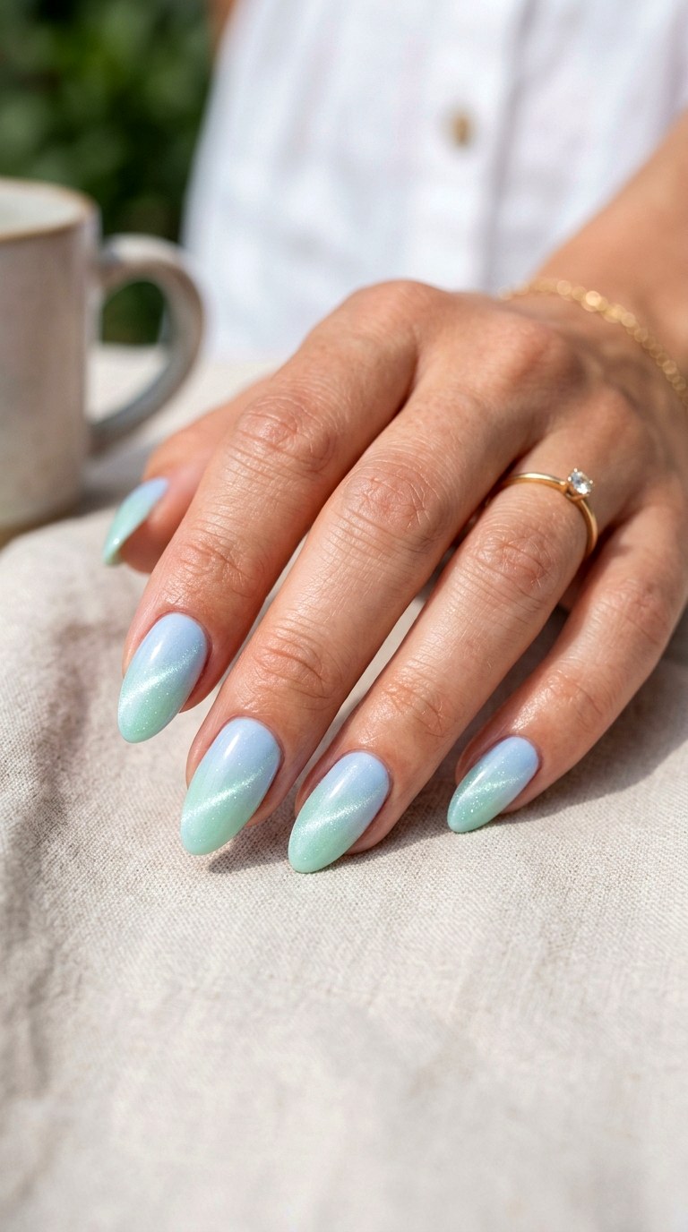 Baby Blue to Mint Shimmer Cat Eye Nails - 24 Summer Ombre Pastel Cat Eye Nails Ideas