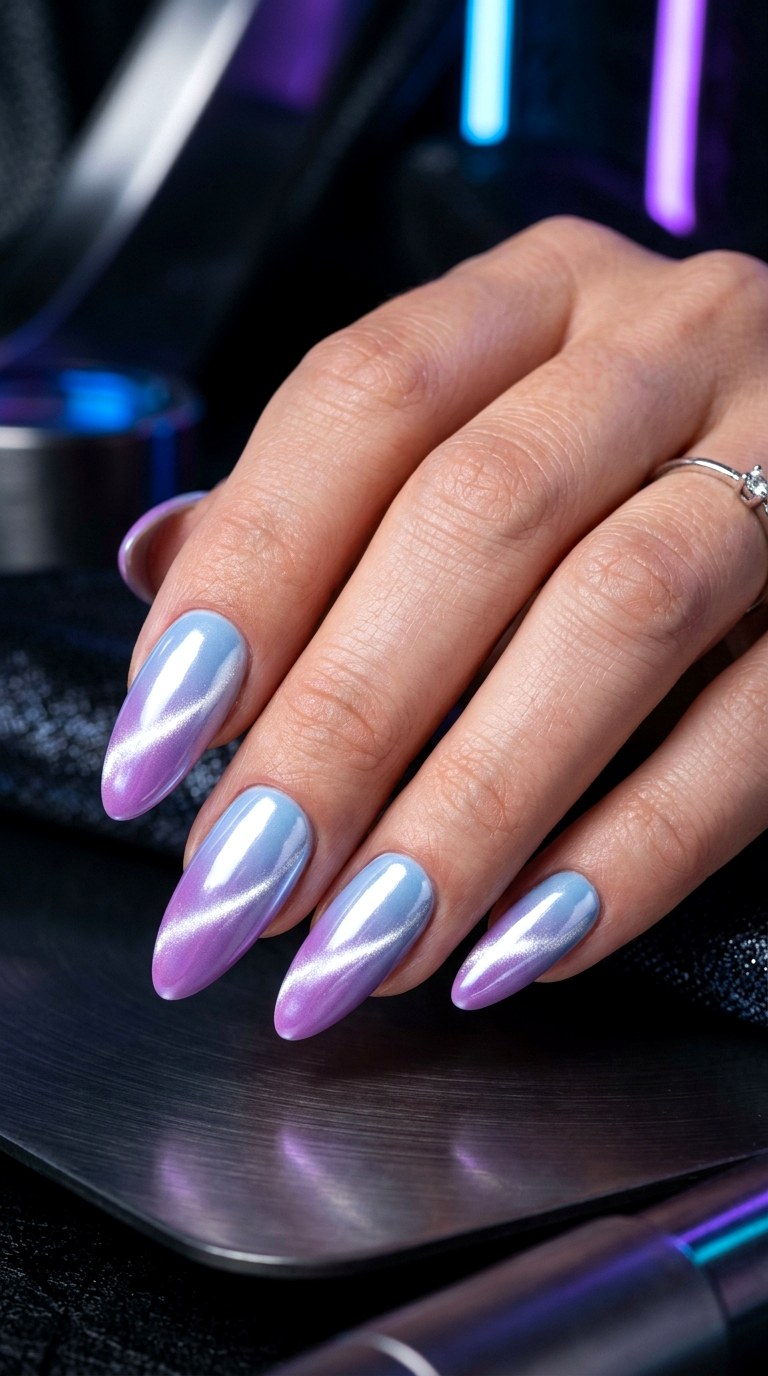 Baby Blue to Soft Lilac Chrome Cat Eye Nails - 24 Summer Ombre Pastel Cat Eye Nails Ideas