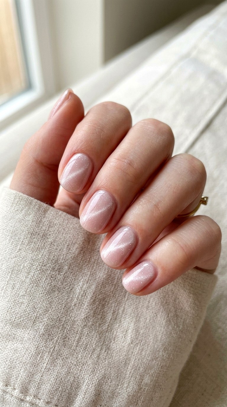 Baby Blush Cat Eye with Micro Glitter Dust - 20 Spring Blush Cat Eye Nails with Glitter Ideas