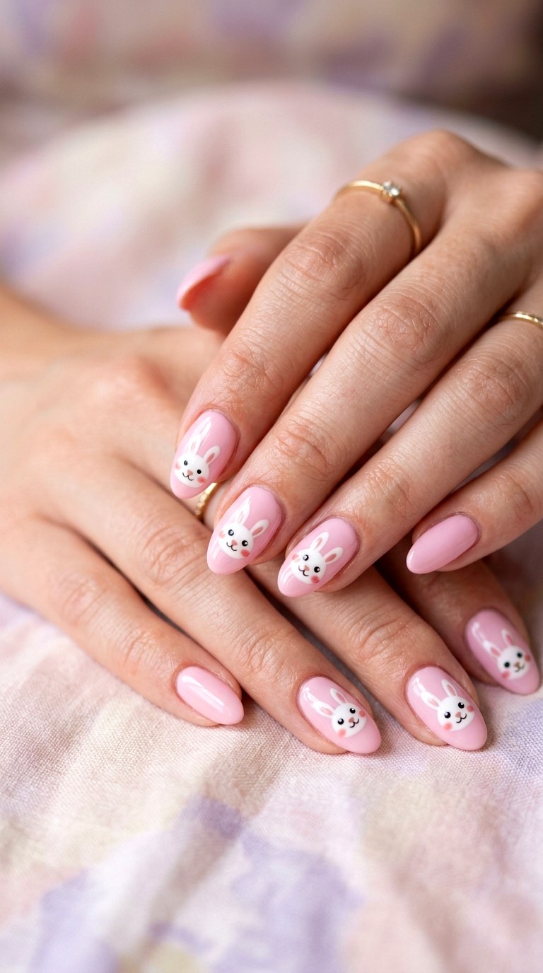 Baby Pink Bunny Face Nails - 26 Summer Pastel Bunny Cartoon Nail Ideas