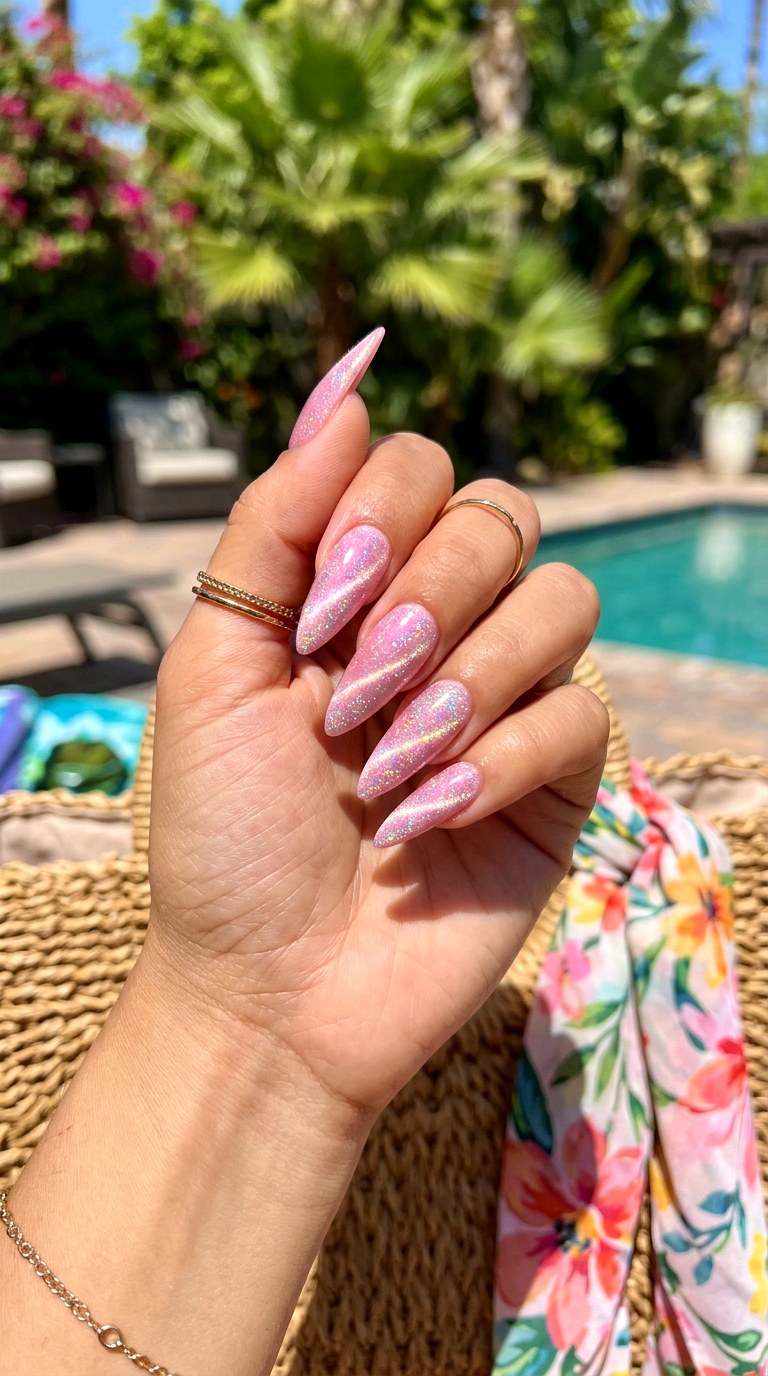 Baby Pink Cat Eye with Holographic Glitter - 21 Summer Blush Cat Eye Nails with Glitter Ideas