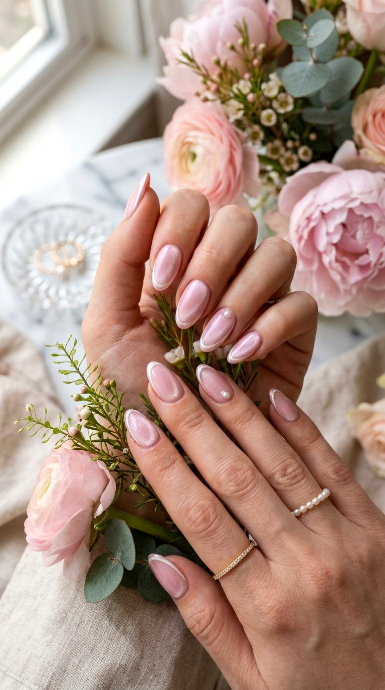 Baby Pink Cat Eye with Pearl Shimmer Line - 20 Spring Pink Cat Eye Nails with Shimmer Line Ideas