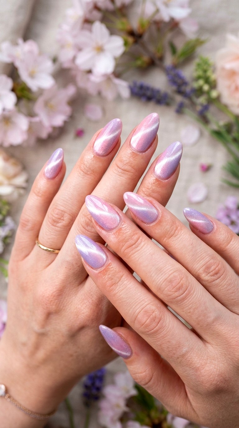 Baby Pink and Lavender Glow - 20 Spring Dual-Tone Magnetic Cat Eye Nails Ideas