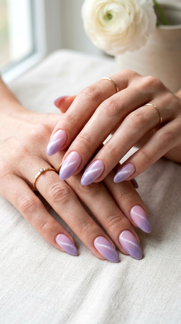 Baby Pink to Lavender Glow Ombre Cat Eye Nails - 24 Summer Ombre Pastel Cat Eye Nails Ideas