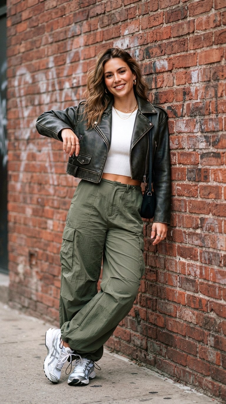 Baggy Cargo Pants and Crop Top - 22 leather jacket outfits women
