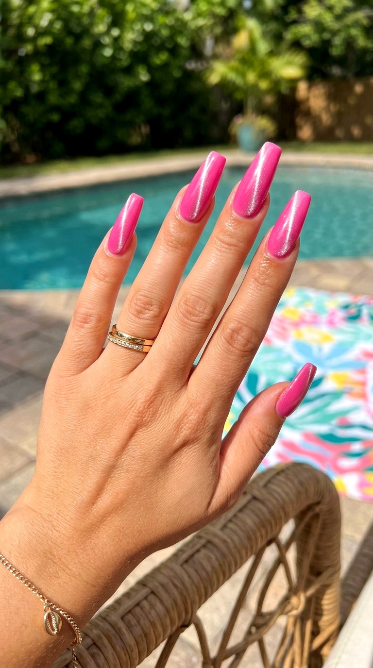 Barbie Pink Cat Eye with Vertical Shimmer Line - 22 Summer Pink Cat Eye Nails with Shimmer Line Ideas