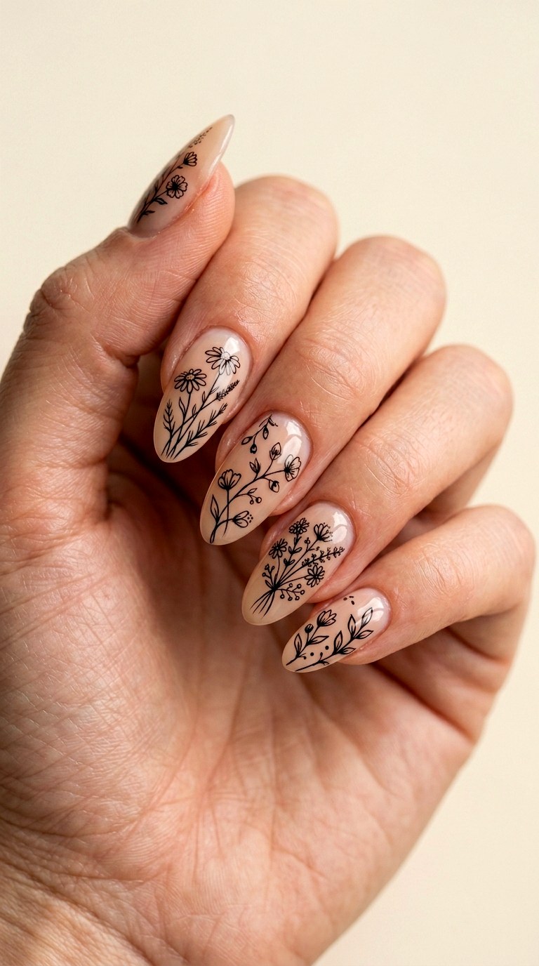Barely There Botanicals on Sheer Nude - 29 Fine-Line Spring Acrylic Nails