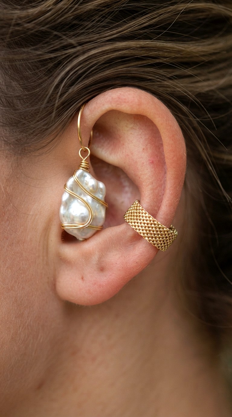 Baroque Pearl and Woven Gold Gold Earnings - 27 earring stacks gold