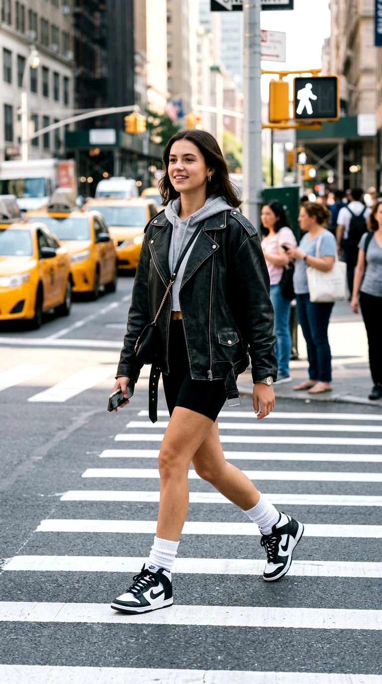 Bike Shorts and High Top Kicks - 27 oversized leather jacket outfits
