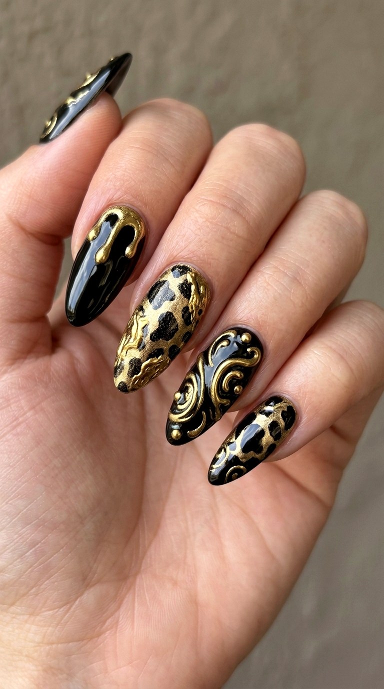 Black And Gold Luxe Cow Print - 29 Artsy Spring Colorful Junk Nails