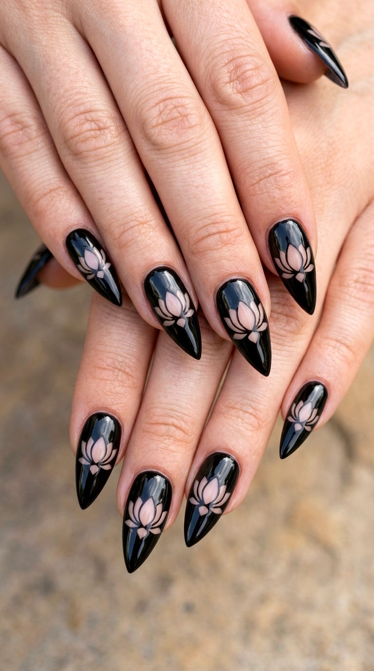 Black Botanical Silhouette - 28 Botanical Spring Stiletto Nails