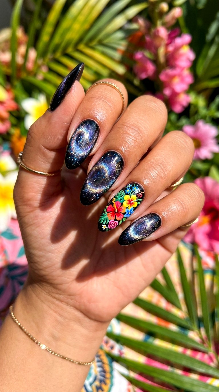 Black Cat Eye Nails with Colorful Florals - 25 Summer Floral Cat Eye Nails Ideas
