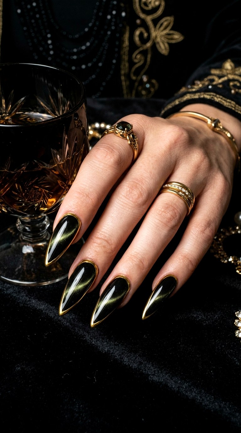 Black Cat Eye with Gold Chrome Outline - 22 Summer Chrome Outline Cat Eye Nails Ideas