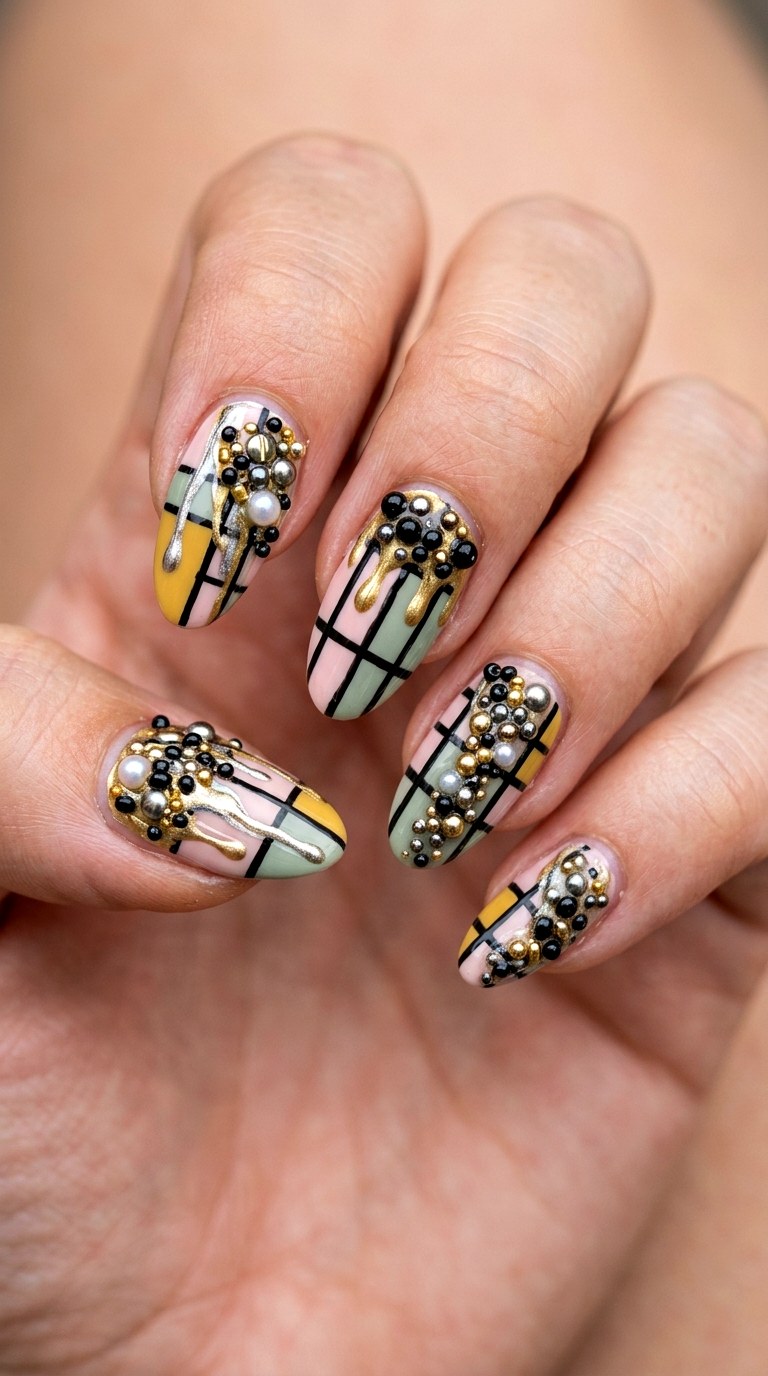 Black Grid With Beaded Overflow - 24 Eclectic Spring Colorful Junk Nails