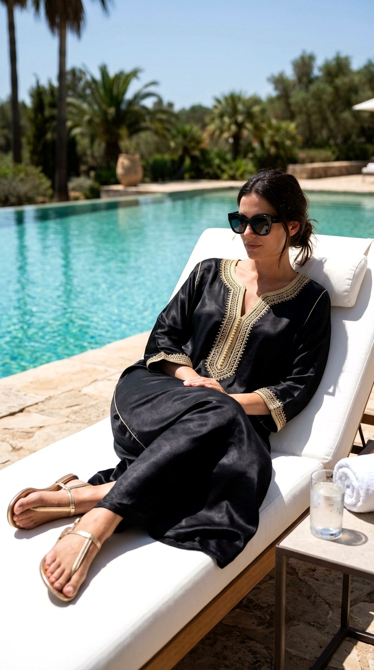 Black Silk Caftan with Gold Accents - 23 old money outfits summer