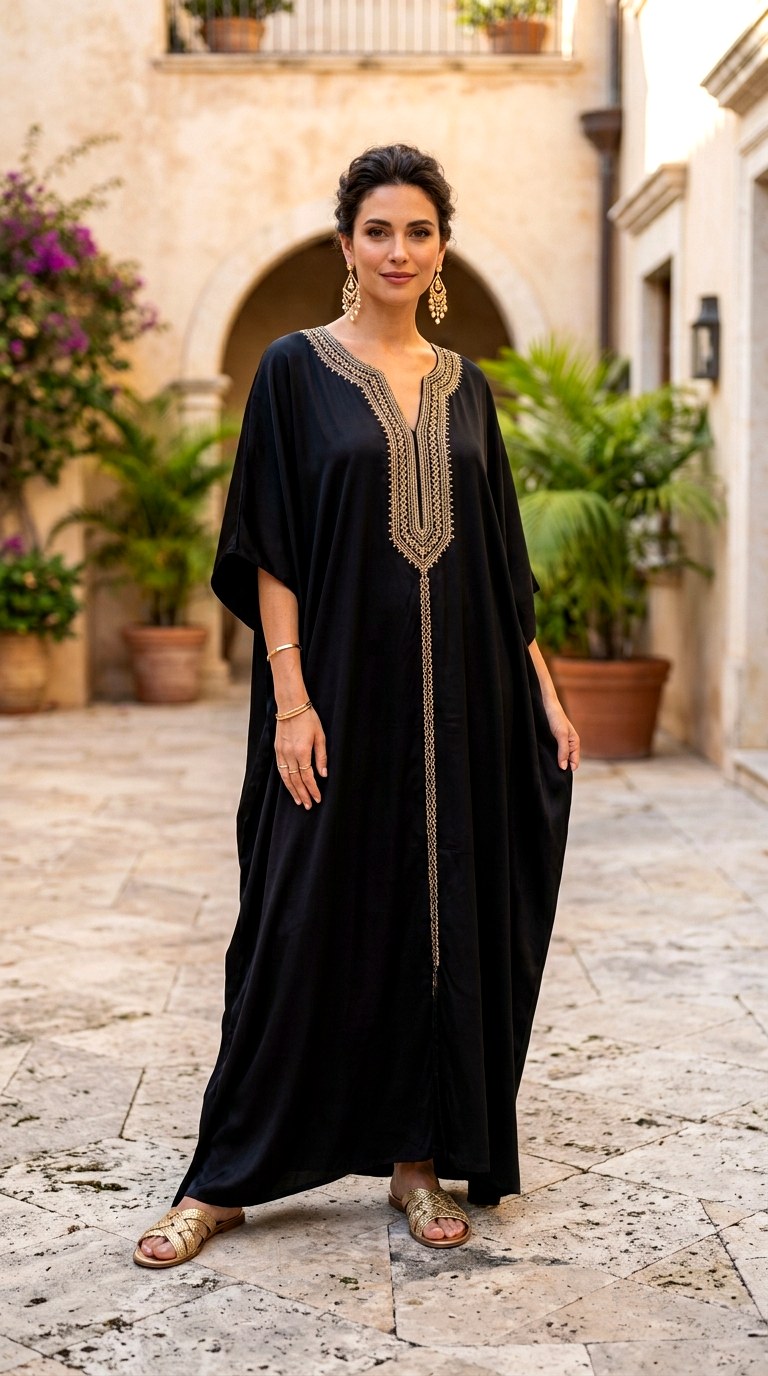 Black Silk Kaftan With Gold Accents - 24 old money outfits summer