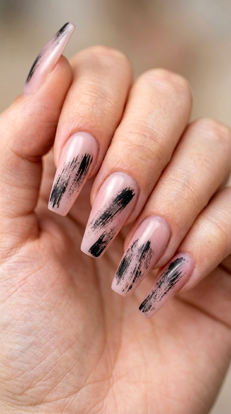 Black and Ballet Slipper Abstract Strokes - 20 Abstract Spring Two Colored Nails