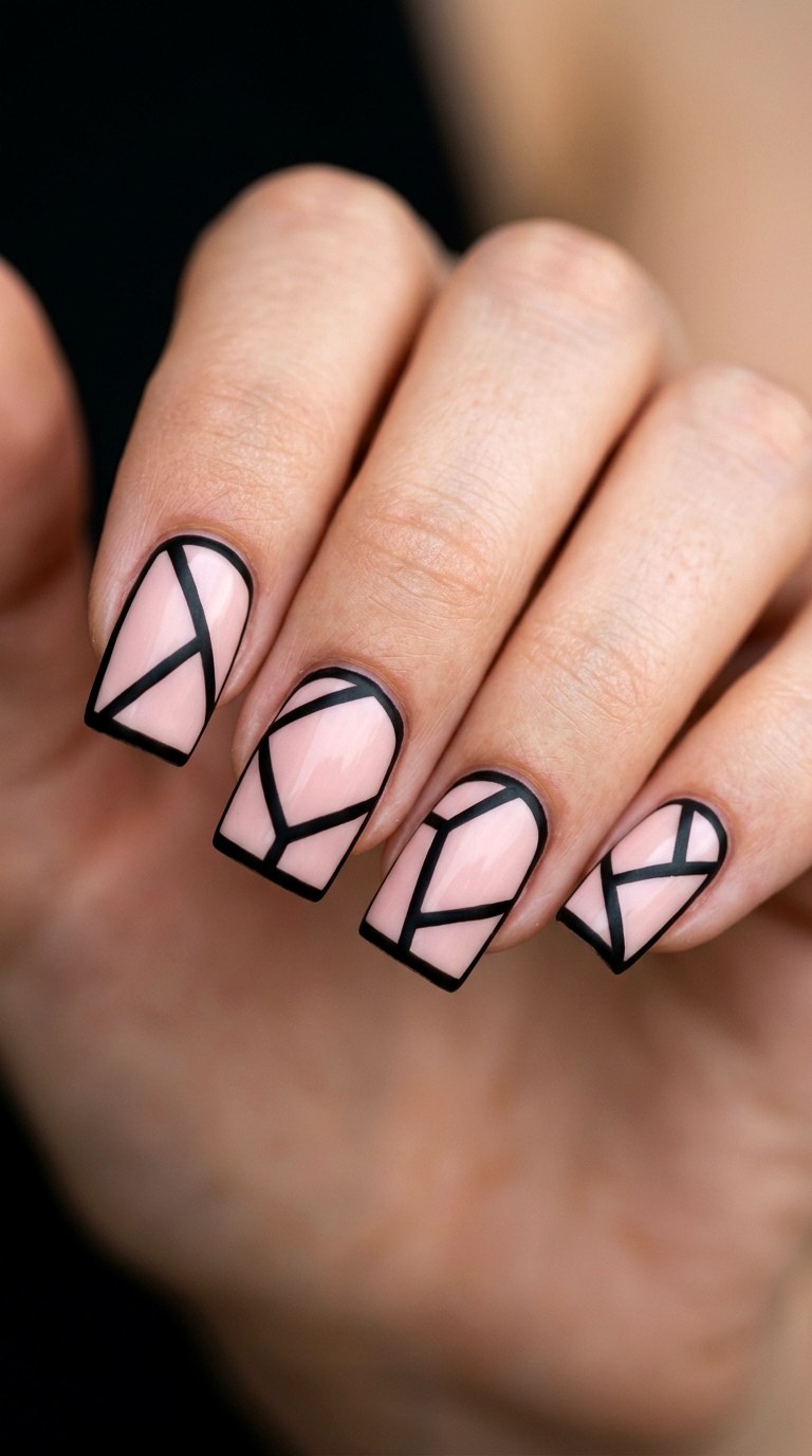 Black and Blush Pink Graphic Outlines - 23 Geometric Spring Two Colored Nails