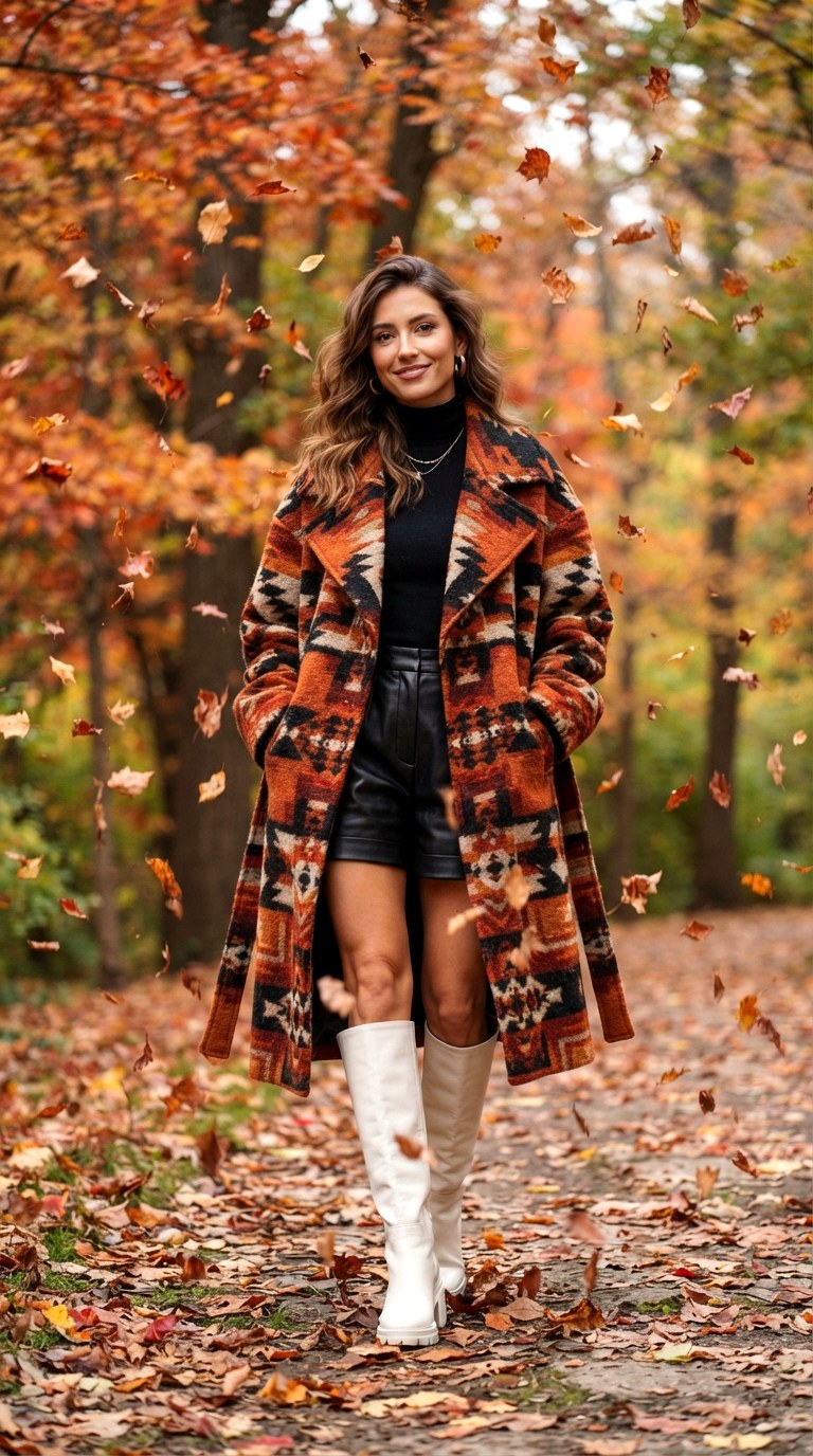 Blanket Coat with Leather Shorts Western Chic Outfit - 29 western chic outfits