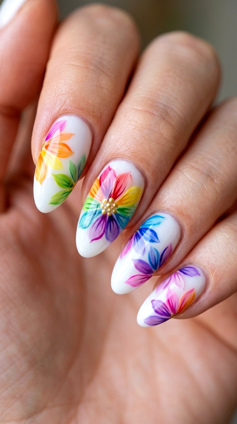 Blooming Rainbow Petal Accents - 26 Rainbow Spring Multicolor Acrylic Nails
