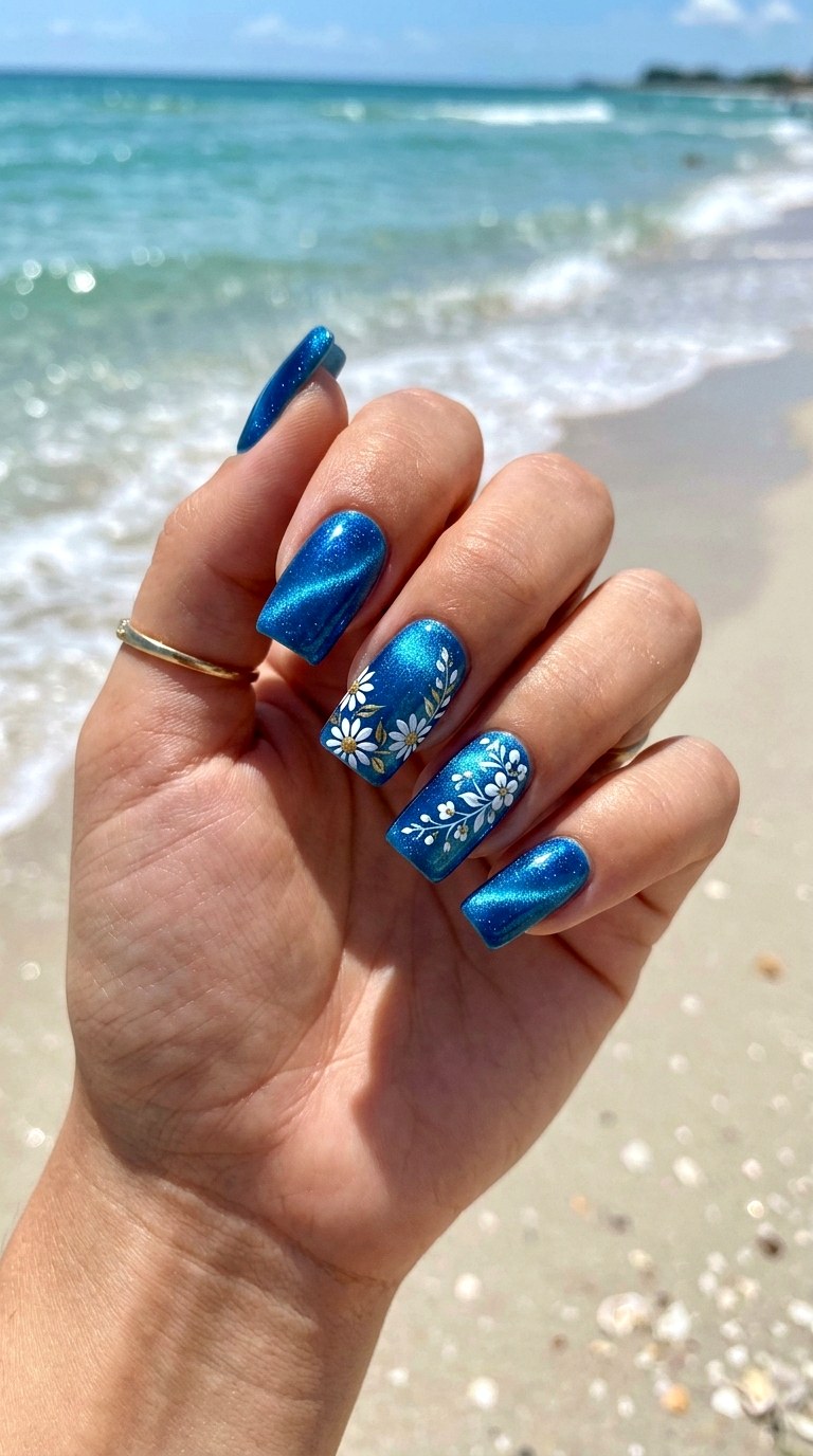 Blue Cat Eye with White Floral Accents - 25 Summer Floral Cat Eye Nails Ideas