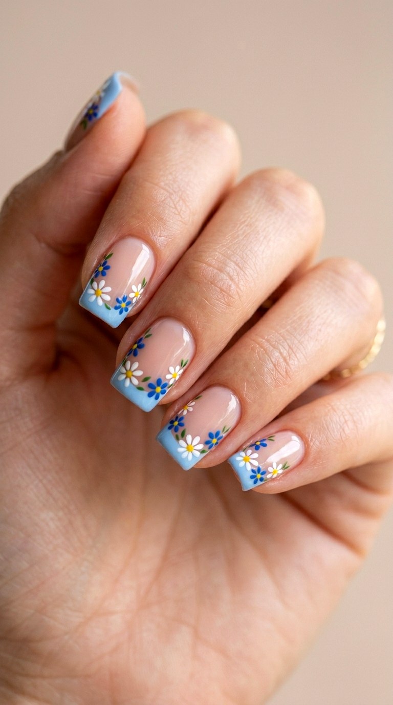 Blue Daisy Field Short Square Nails - 29 Festive Spring Multicolor Acrylic Nails