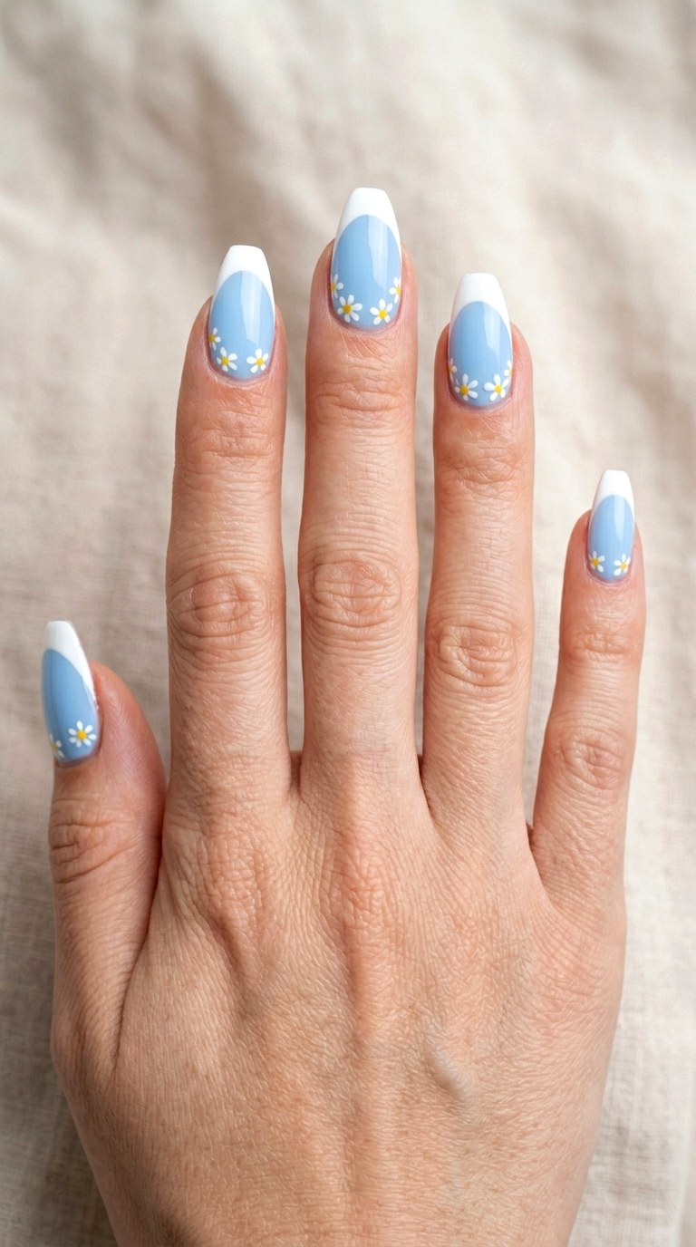 Blue Daisy French - 20 Playful Spring Multicolor Acrylic Nails