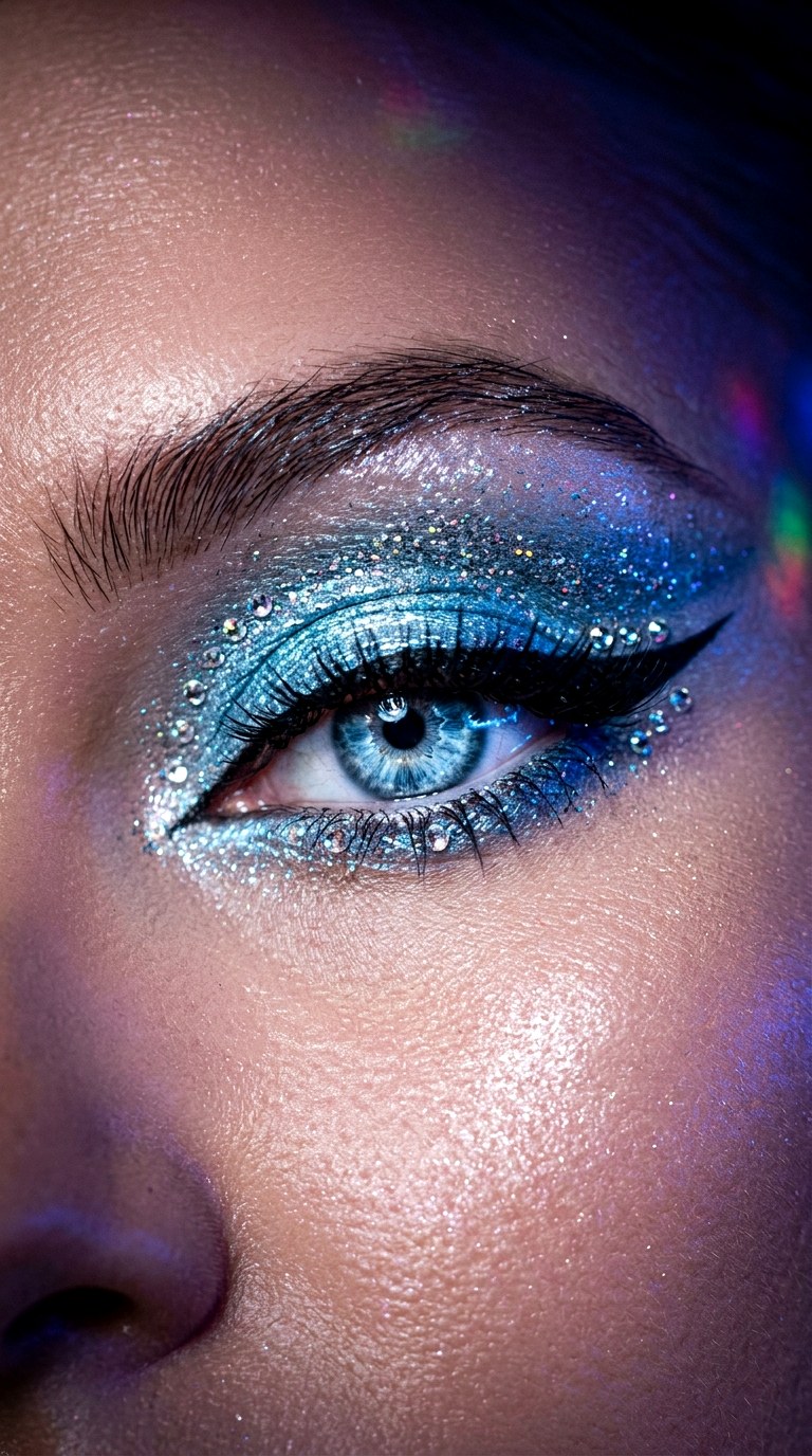 Blue Ice Reflective Eye Glam - 24 Holographic Sparkle Eye Makeup for Night Parties