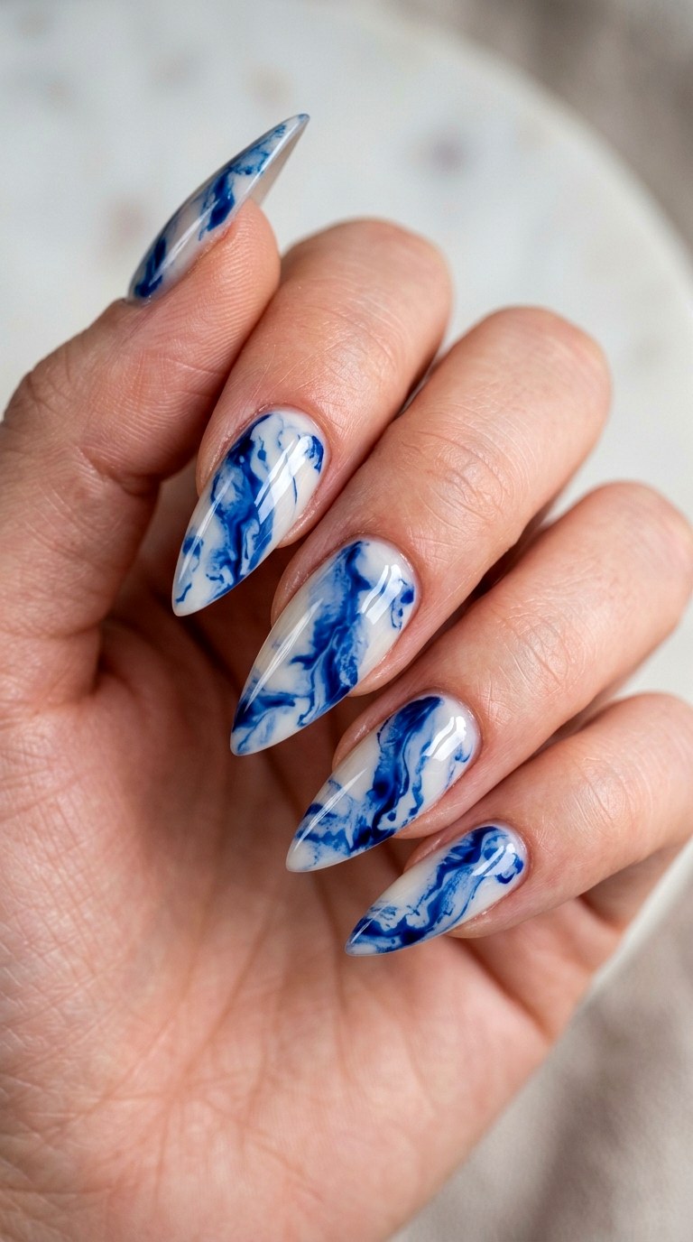 Blue Marble Illusion - 25 Sleek Spring Stiletto Nails