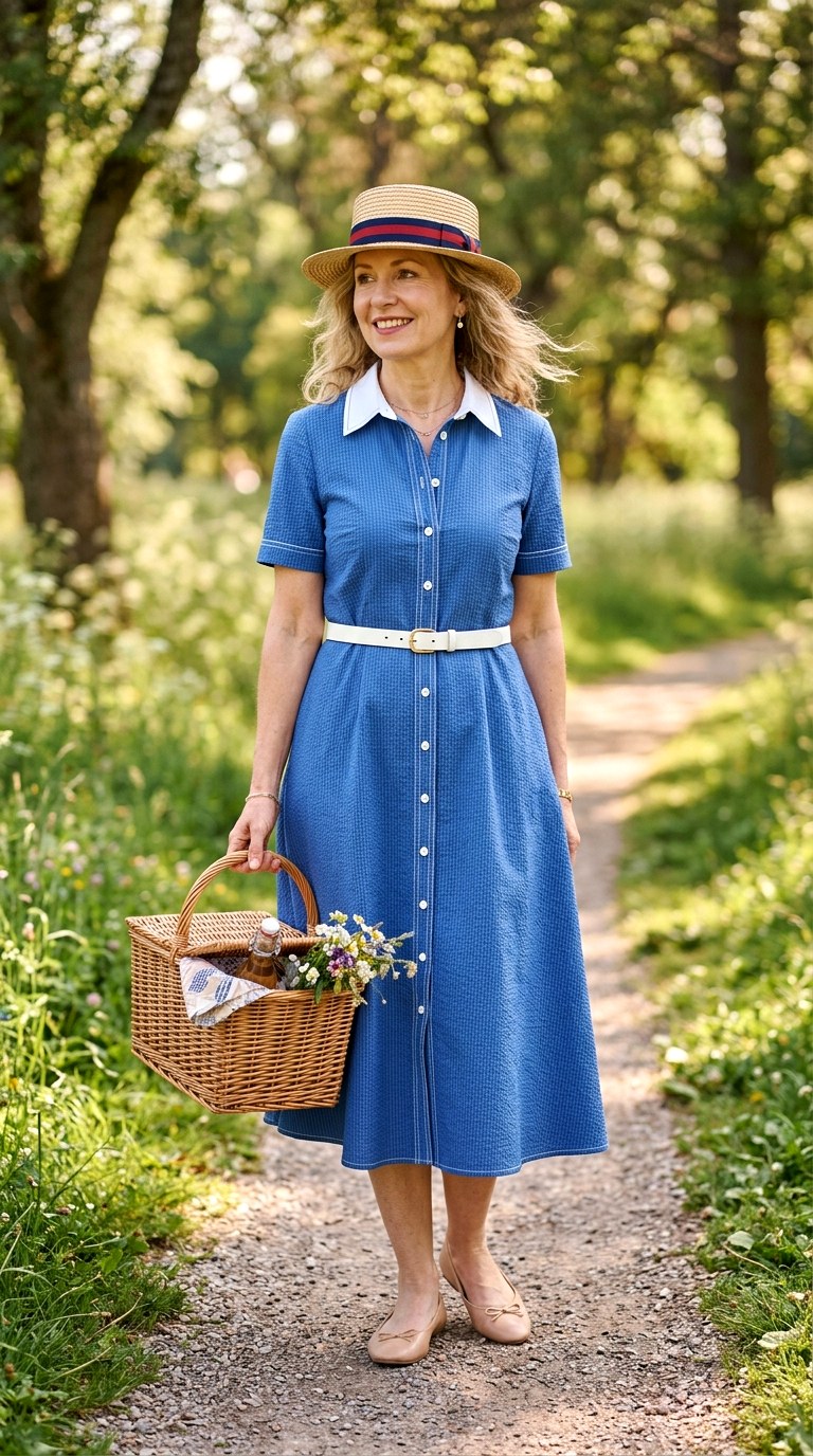 Blue Seersucker Shirtwaist Dress with White Trim - 23 old money outfits summer