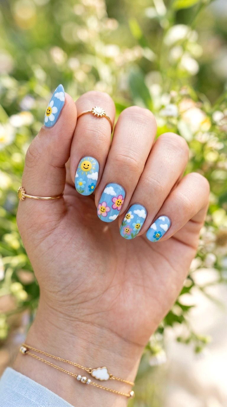 Blue Sky Flower Nails - 20 Summer Happy Flower Cartoon Nails Ideas