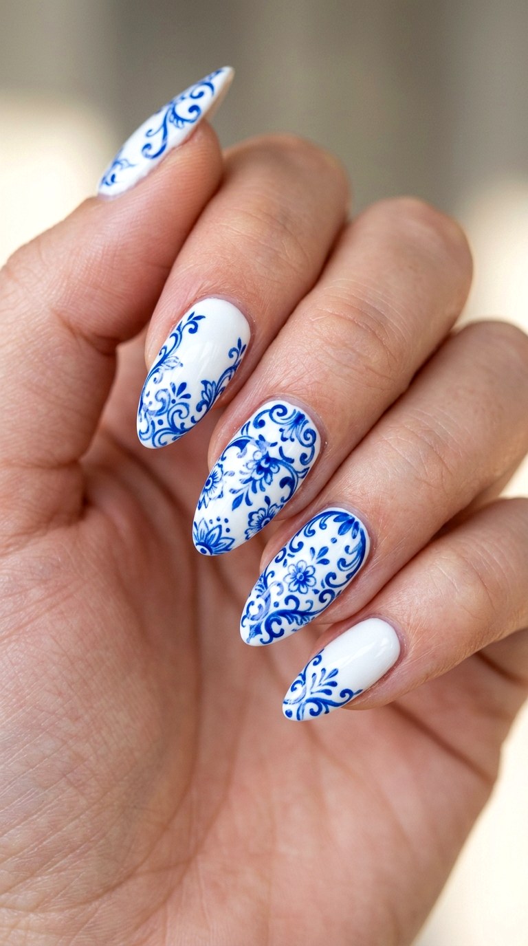 Blue and White Porcelain Delight - 27 Graphic Spring Two Colored Nails