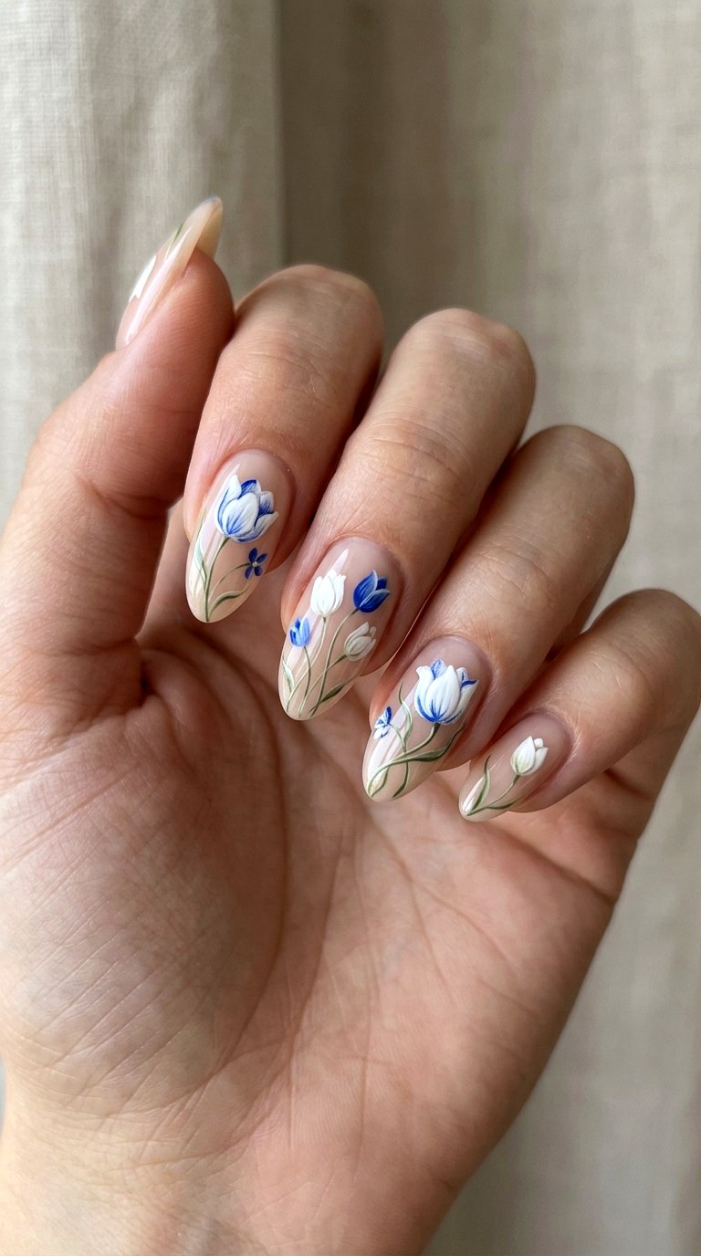 Blue and White Tulip Nails - 27 Cute Spring Color Street Nails
