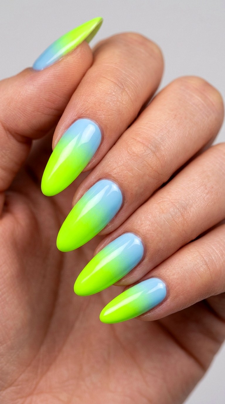 Blue to Neon Lime Burst - 30 Dreamy Spring Ombre Nails