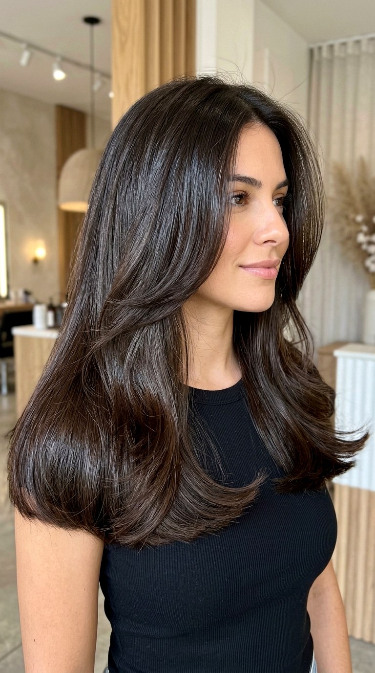 Blunt Perimeter Meets Soft Layers - 24 long brunette hair with layers