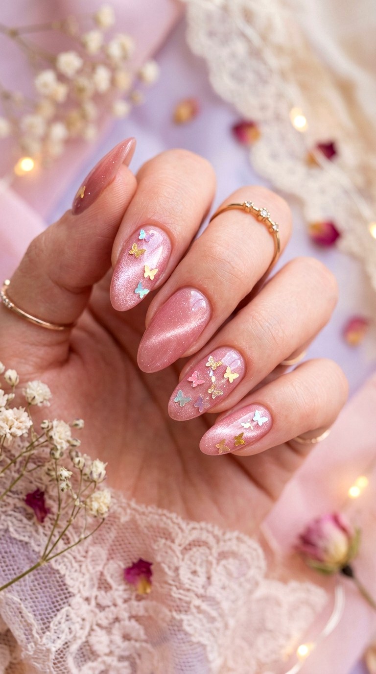 Blush Cat Eye with Butterfly Glitter Details - 21 Summer Blush Cat Eye Nails with Glitter Ideas