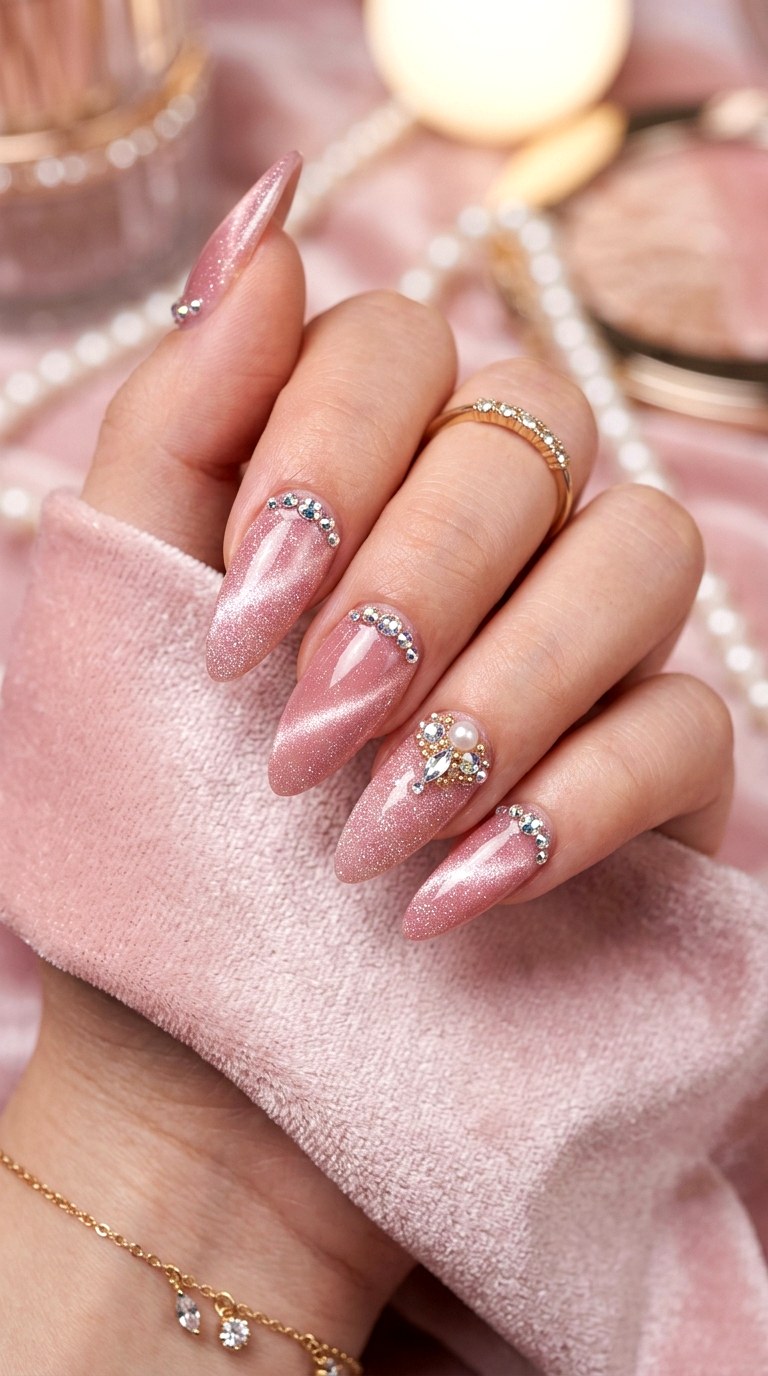 Blush Cat Eye with Crystal and Glitter Combo - 20 Spring Blush Cat Eye Nails with Glitter Ideas